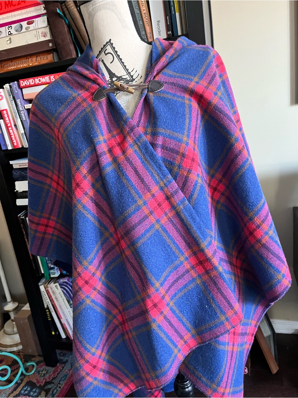 Blondie Apparel Plaid Hooded Throw Poncho in Blue and Pink with Toggle